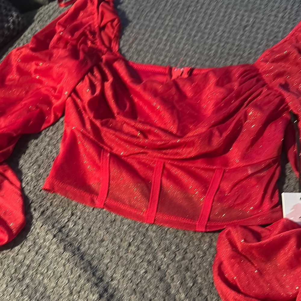 Red Puff Sleeve Crop Blouse with Ruched Bustier